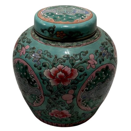 Čínská zelená uzavíratelná nádoba s bohatými floristickými malbami, která přináší do vašeho domova nádech orientální elegance.