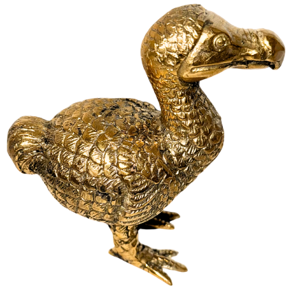 Mosazná soška ptáka Dodo s jemnými detaily a vintage vzhledem.