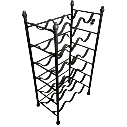 Elegantní kovový regál na víno s rafinovanými liniemi.